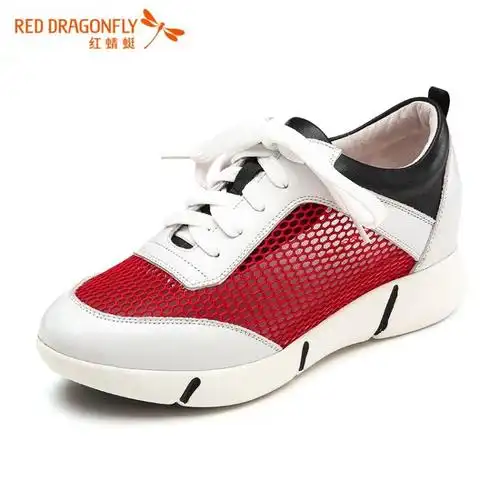 红蜻蜓 牛皮运动休闲系带平底网布女鞋女单鞋 wtb62831/32/33 白色 35