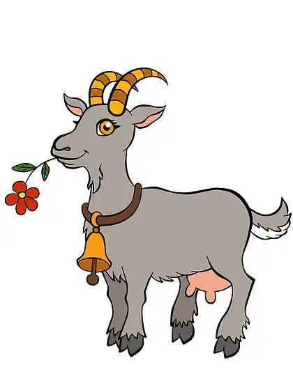 孩子们的卡通农场动物.可爱的山羊站和持有花