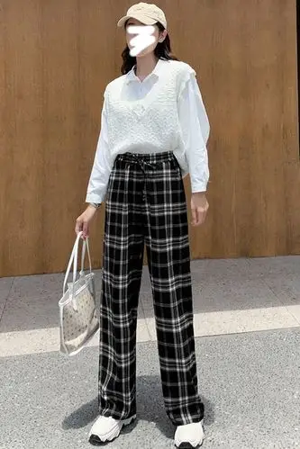 黑白格子女春季2021新款高腰垂感直筒宽松显瘦坠感拖地阔腿裤