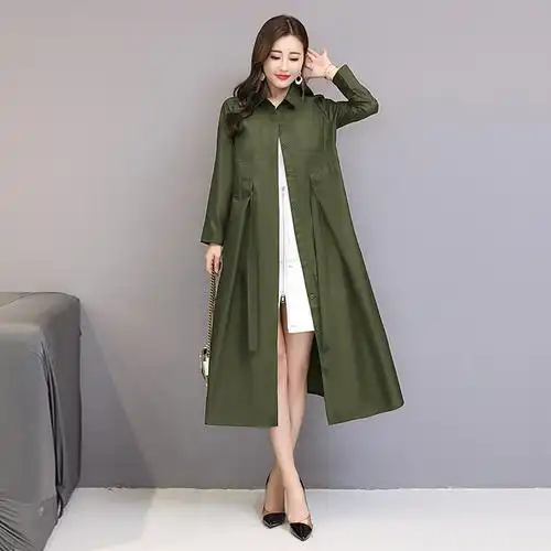 女士春秋新品韩版中长款女士风衣休闲长款过膝宽松大码外套秋季薄