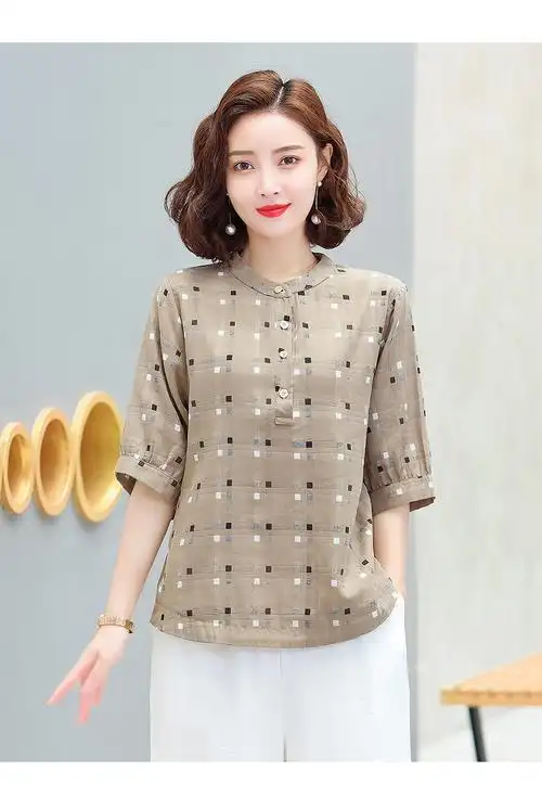 中年女装棉麻圆领t恤2020夏季新款韩版宽松格子衬衣妈妈女士上衣