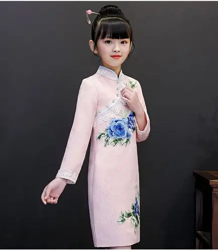 女童旗袍2019新款儿童旗袍长袖改良旗袍中国风礼服 弹古筝演出服 粉色