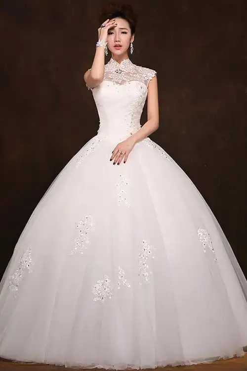 新娘婚纱 2015秋季新款韩版小立领蕾丝包肩新娘婚纱h037