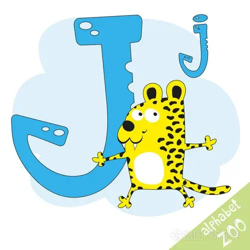 手绘字母 j 和滑稽可爱的捷豹.儿童的字母表中卡通风格,矢量图