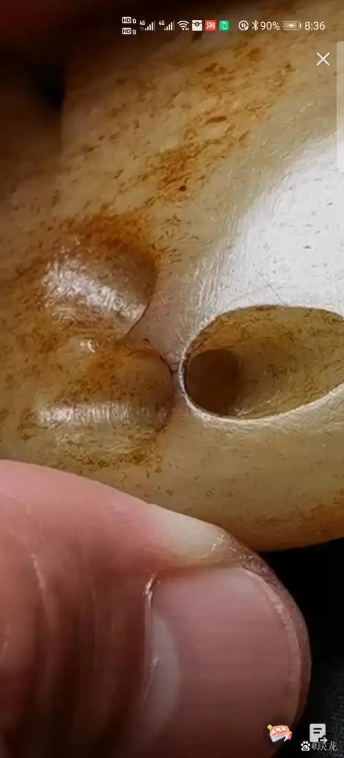 红山玉器的牛鼻孔 ,孔道内螺旋纹,孔道边缘状态,三孔牛鼻孔.