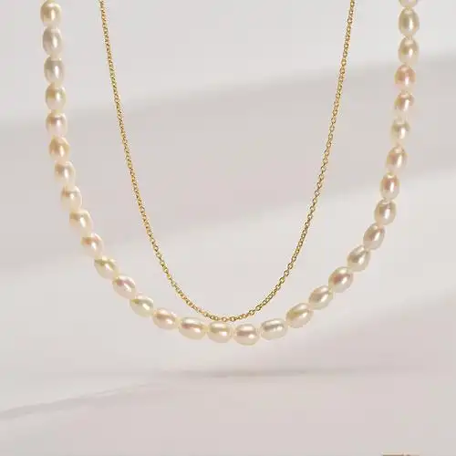 京润珍珠星曲s925银淡水珍珠项链45mm白色米形时尚珠宝