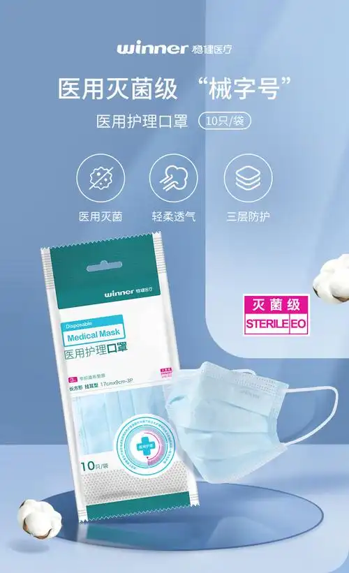 winner稳健医疗医用外科口罩三层械字号一次性护理口罩 10只/袋