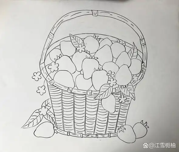 儿童画 附线稿 马克笔涂色步骤    一筐新鲜大草莓,难度适合五六年级