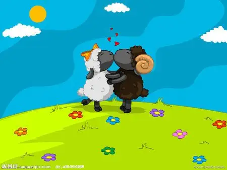 找一张可爱卡通图片,是两只小羊(一黑一白)在水里么么