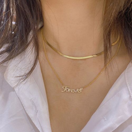 古巴链黄金18k金项链女款forever字母钻石锁骨链时尚真钻套链