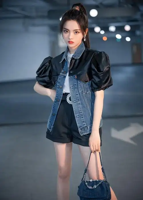 杨超越出席miumiu活动穿泡泡袖牛仔外套搭短裤身材真好