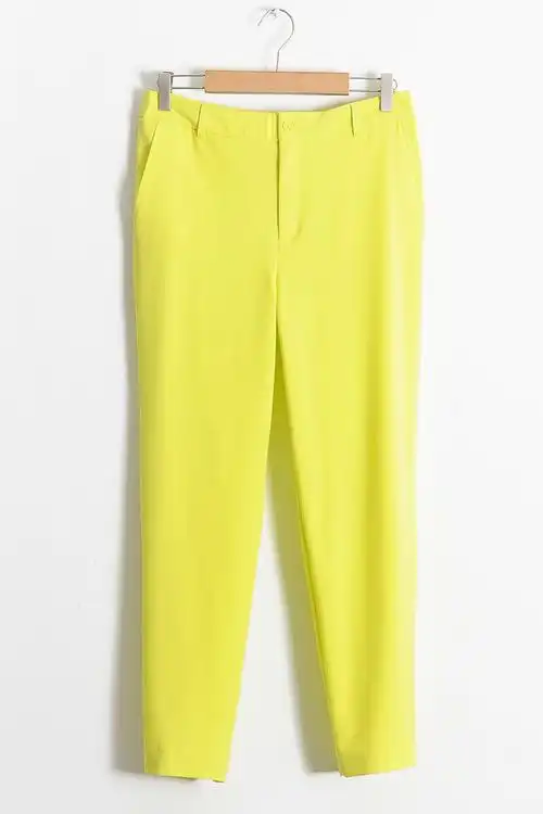 春装韩版两粒扣双口袋荧光黄工装裤休闲裤九分裤女