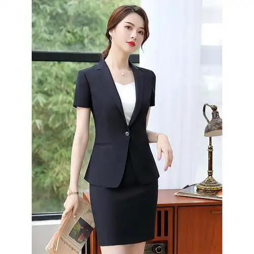 罗蒙夏季薄款短袖西装女士套装裙韩版修身正装职业装工作西服外套