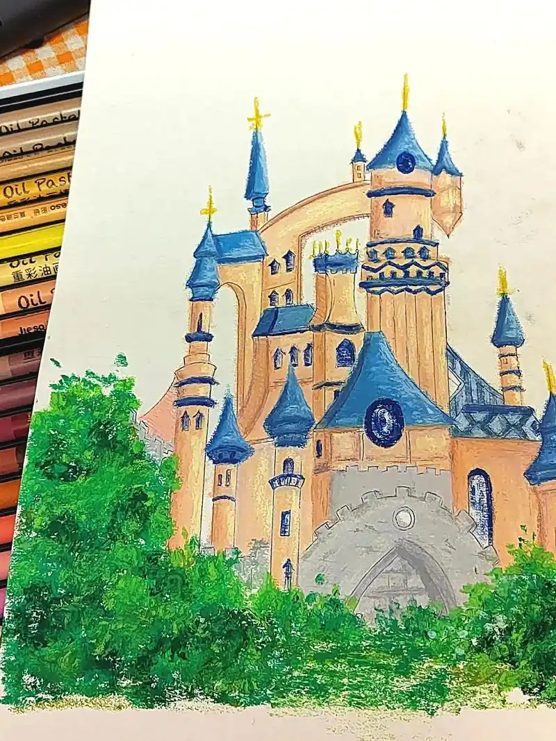 油画棒作品|城堡.#油画棒 #画画 #城堡 #线描立体城堡画 - 抖音