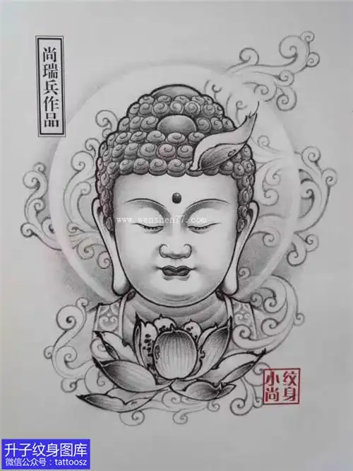 新传统黑灰佛莲花纹身手稿图片