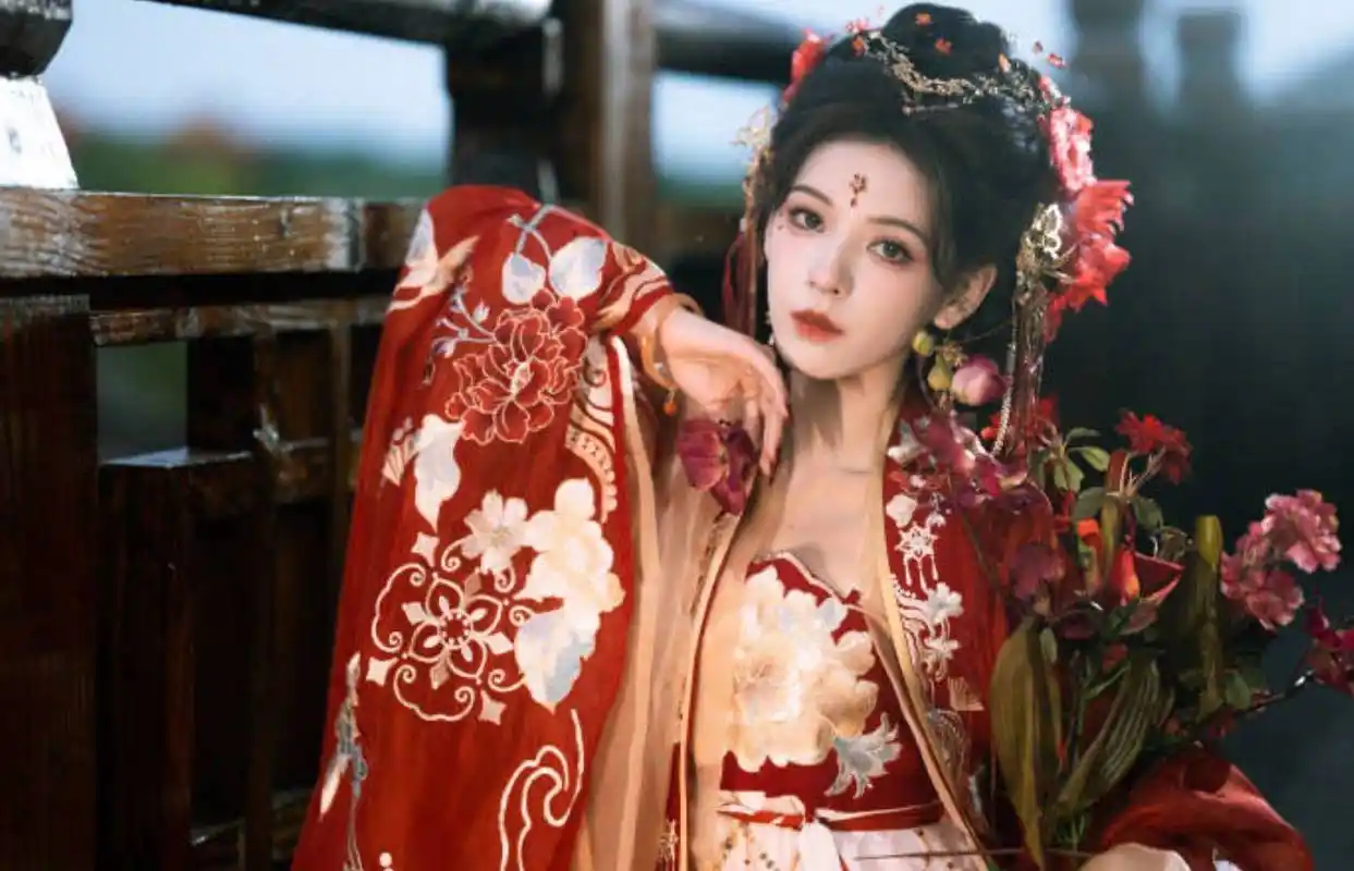 张予曦着红衣古装妖娆明艳 花雨中撑伞魅感十足_魅力_写真_仙女