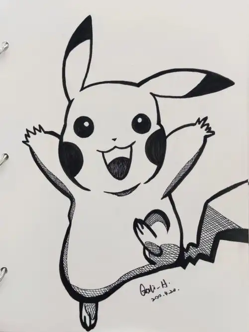 420皮卡丘黑白简笔画针管笔线描画手绘