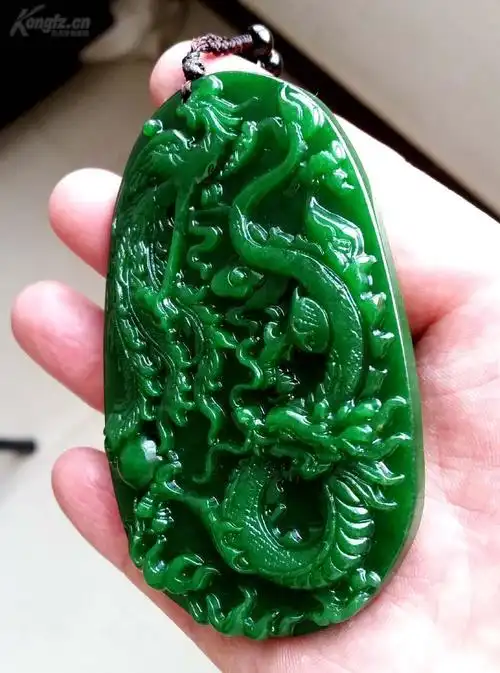 精雕缅甸干青翡翠 龙凤呈祥把件 满绿铁龙生 龙凤配双面牌子吊坠