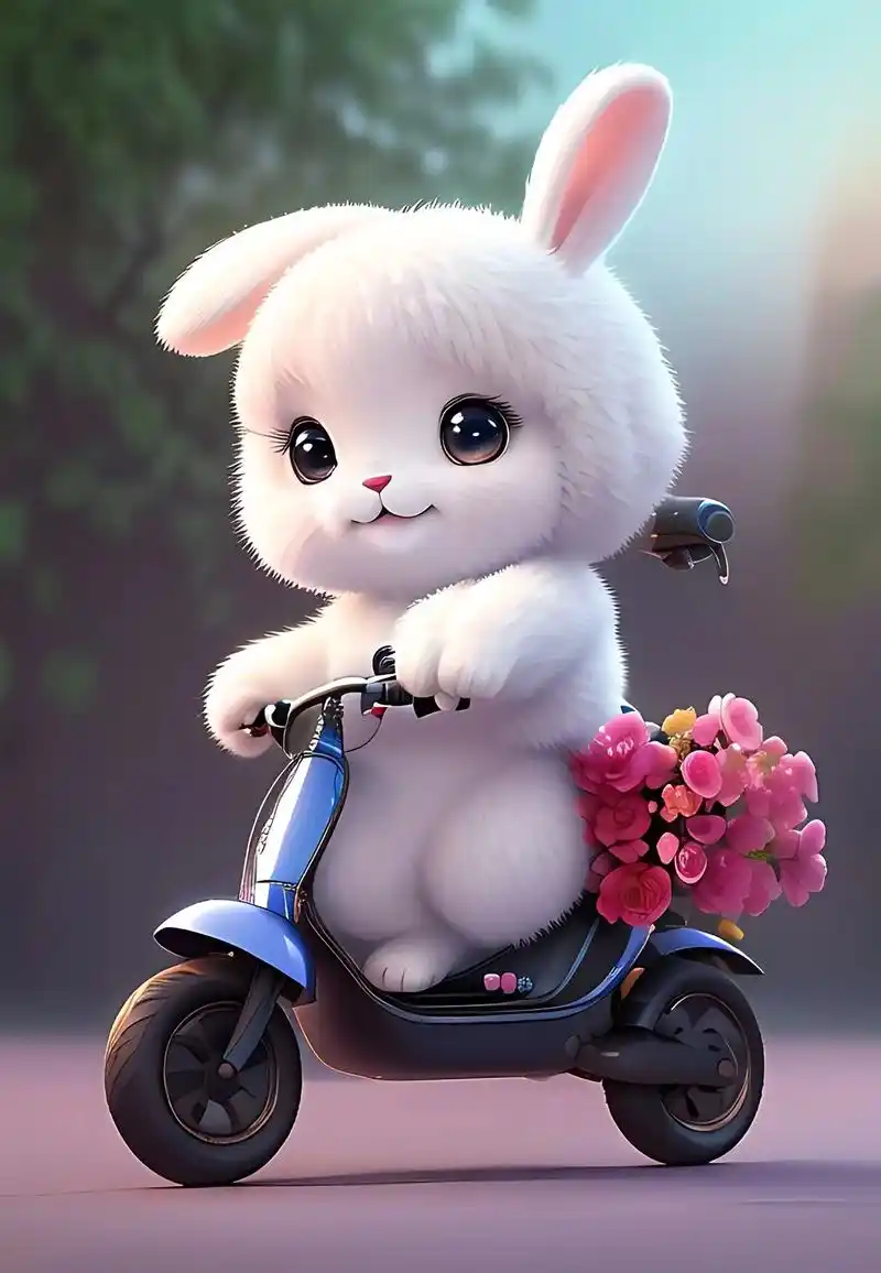 一只超级可爱的可爱的毛茸茸的小兔子笑得很开心,很开心,骑着电 - 抖