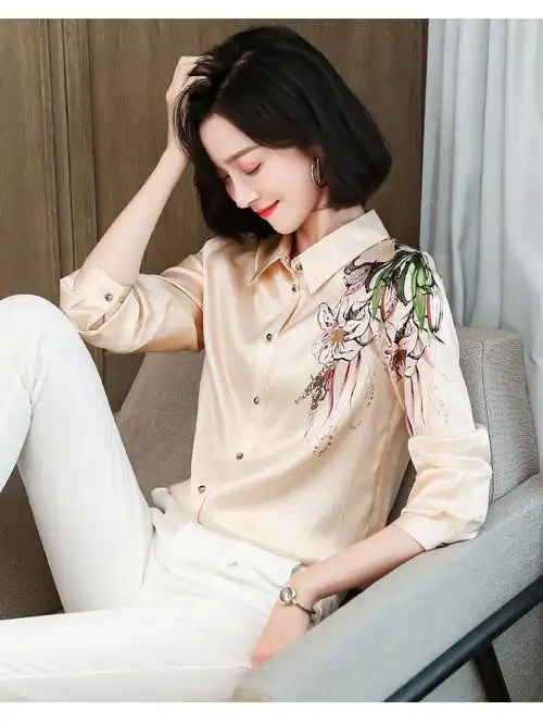 轻奢女装杭州丝绸衬衫女长袖2022春秋新款印花真丝衬衣百搭桑蚕丝上衣