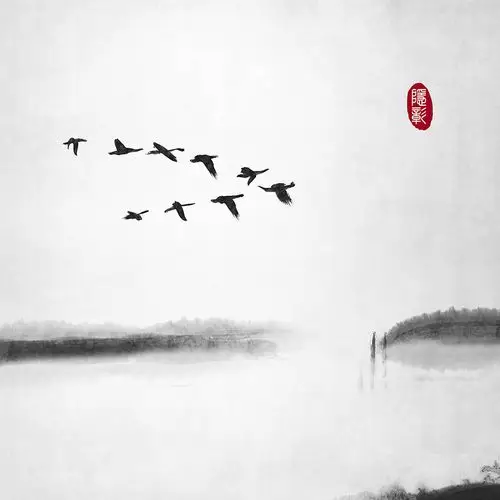 飞鸟静谧山水古风禅意水墨画安静中式中国风古风插画