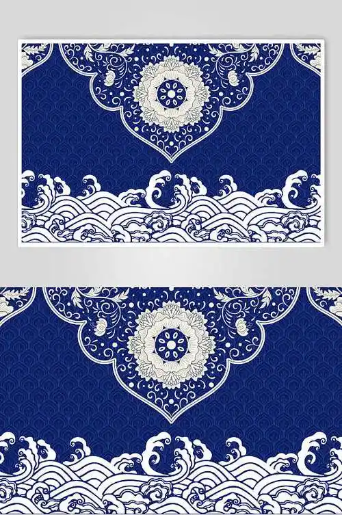 艺术古典深蓝色浪花祥云锦鲤中国风背景海报