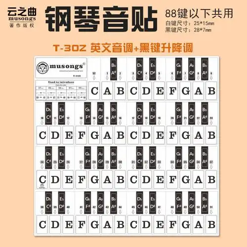 钢琴贴纸黑键白键音阶贴纸通用t-30z字母黑色英文字组886149键