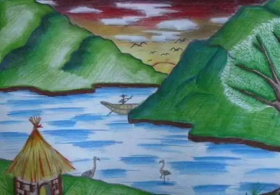 国外儿童画风景画儿童画夏天景物山水图片自然风景儿童画儿童画春天来