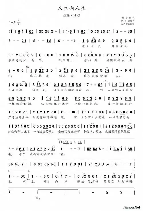 魏佳艺《人生啊人生》吉他谱c调简谱1