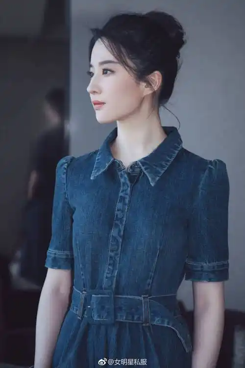 2285#2019刘亦菲明星同款复古短袖大摆牛仔连衣裙女夏中长款a字潮