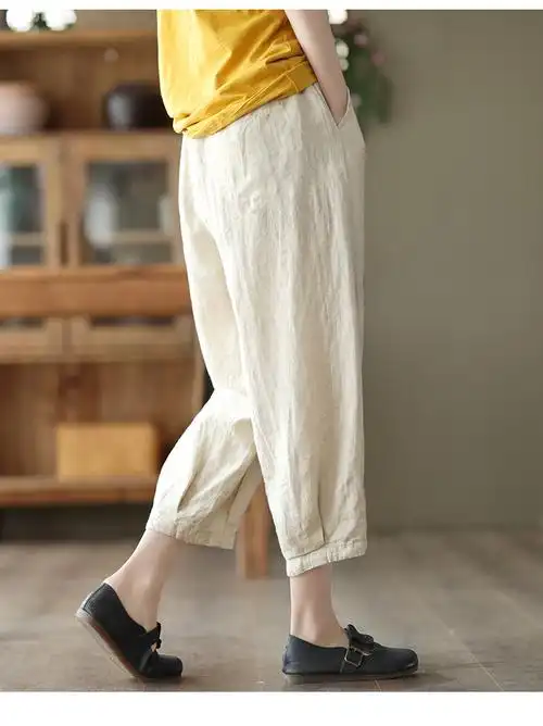 外贸法国单夏季复古贴布棉麻裤大码女裤休闲萝卜裤胖mm亚麻哈伦