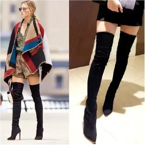 欧美尖头弹力过膝靴女细跟高跟绒面长筒靴黑色长靴女靴32-45