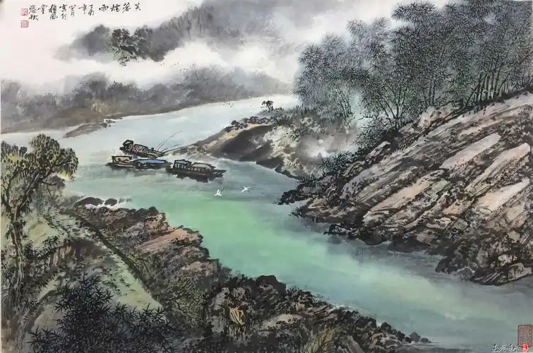 王悲秋山水画作品《芙蓉烟雨》
