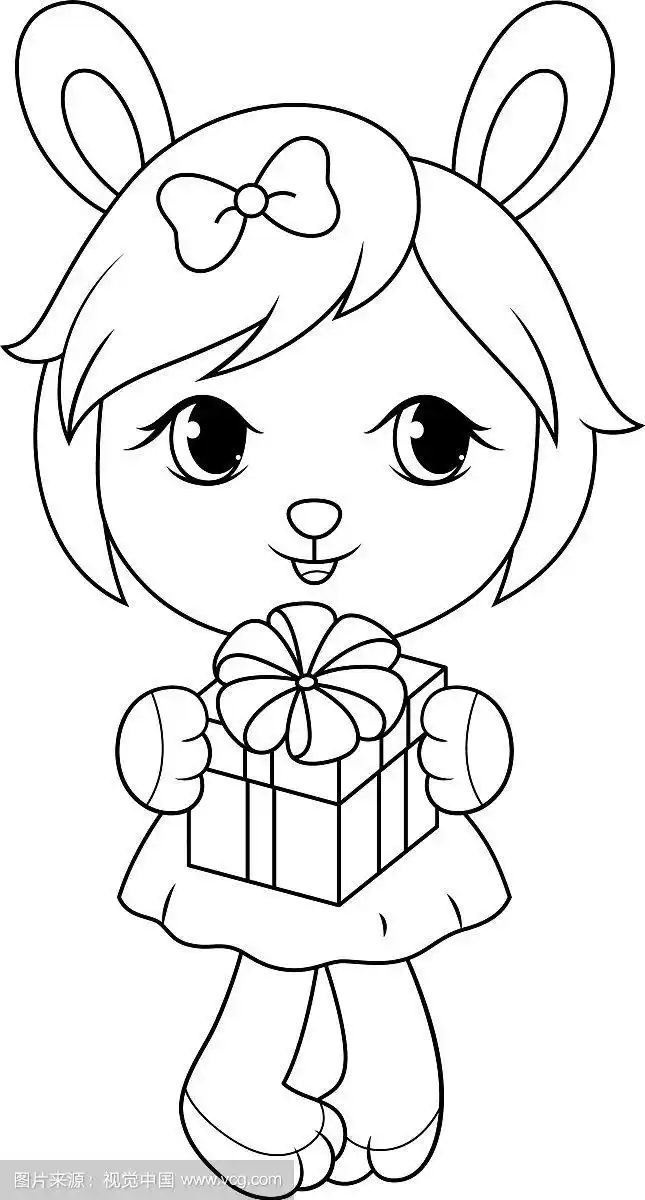 可爱的兔宝宝女孩穿着衣服拿着礼盒