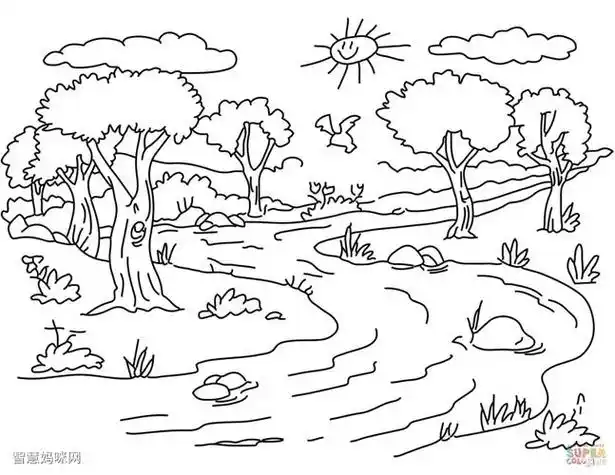 河流景观简笔画图片静谧的小河边简单风景简笔画 河流简笔画道路两边