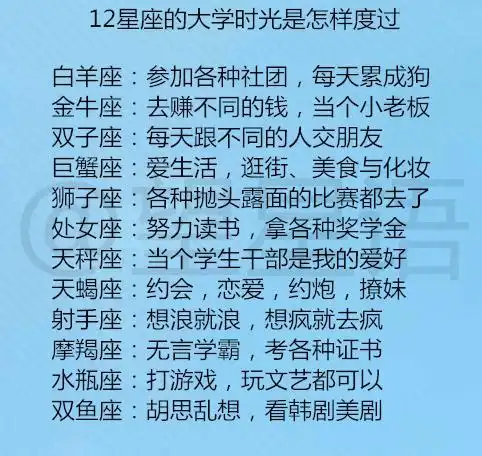 十二星座的恋爱禁忌!12星座的大学时光是怎样度过?