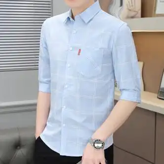 春夏中袖衬衫男士韩版潮流五分袖衬衣帅气五分袖男时尚格子衬衫