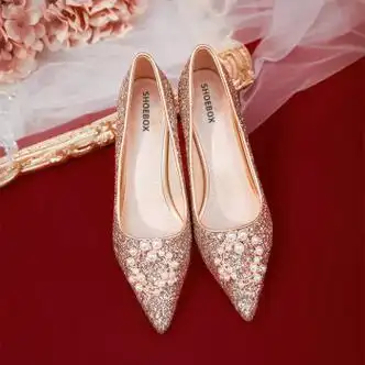 鞋柜达芙妮旗下婚鞋女秋季新款珍珠秀禾新娘鞋结婚鞋亮片高跟鞋金色6