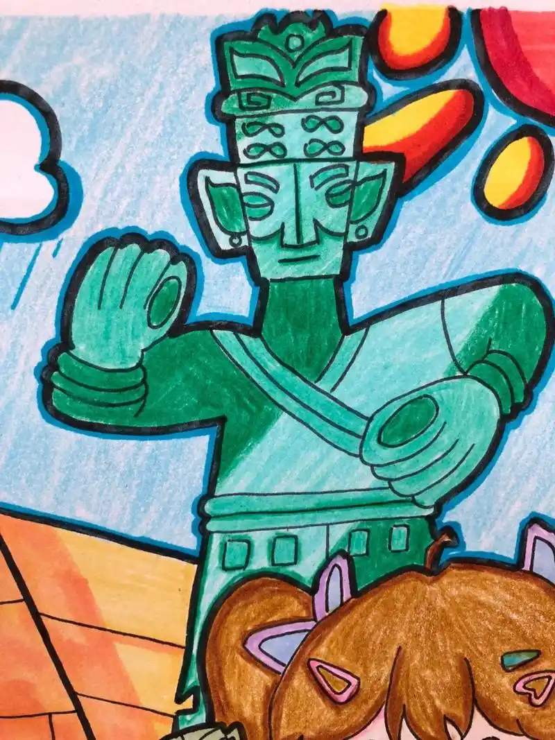 儿童画《参观博物馆》 国家宝藏—三星堆 临摹