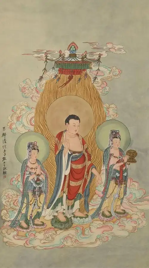 立轴 海外回流估价_张大千款 西方三圣 立轴 海外回流高清大图_易拍