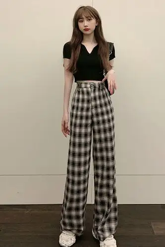 夏季新款修身短款露脐短袖t恤高腰直筒黑白格子阔腿裤两件套女