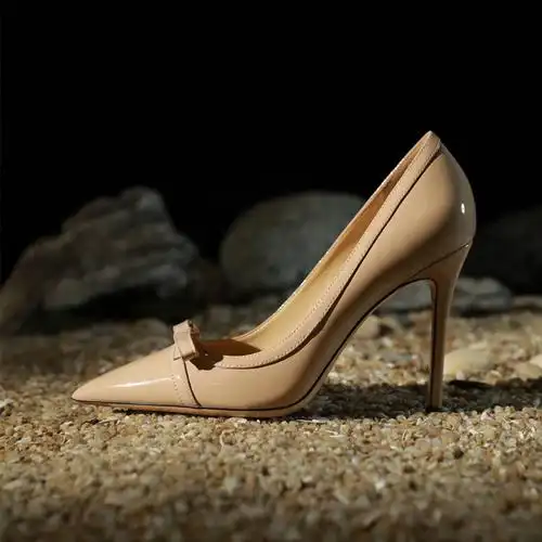 32-45码裸色高跟鞋女细跟甜美蝴蝶结2024年新款漆皮法式尖头单鞋