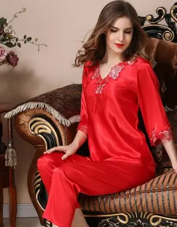 真丝睡衣女睡衣套装性感丝绸大码家居服春秋夏季女睡衣 大红色 m