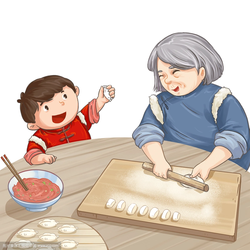奶奶教孙子包饺子