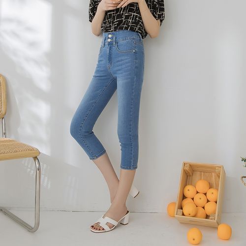 省钱快淘 女装 桔熊夏季七分牛仔裤子女抓纹收腹高腰修身小脚裤200斤