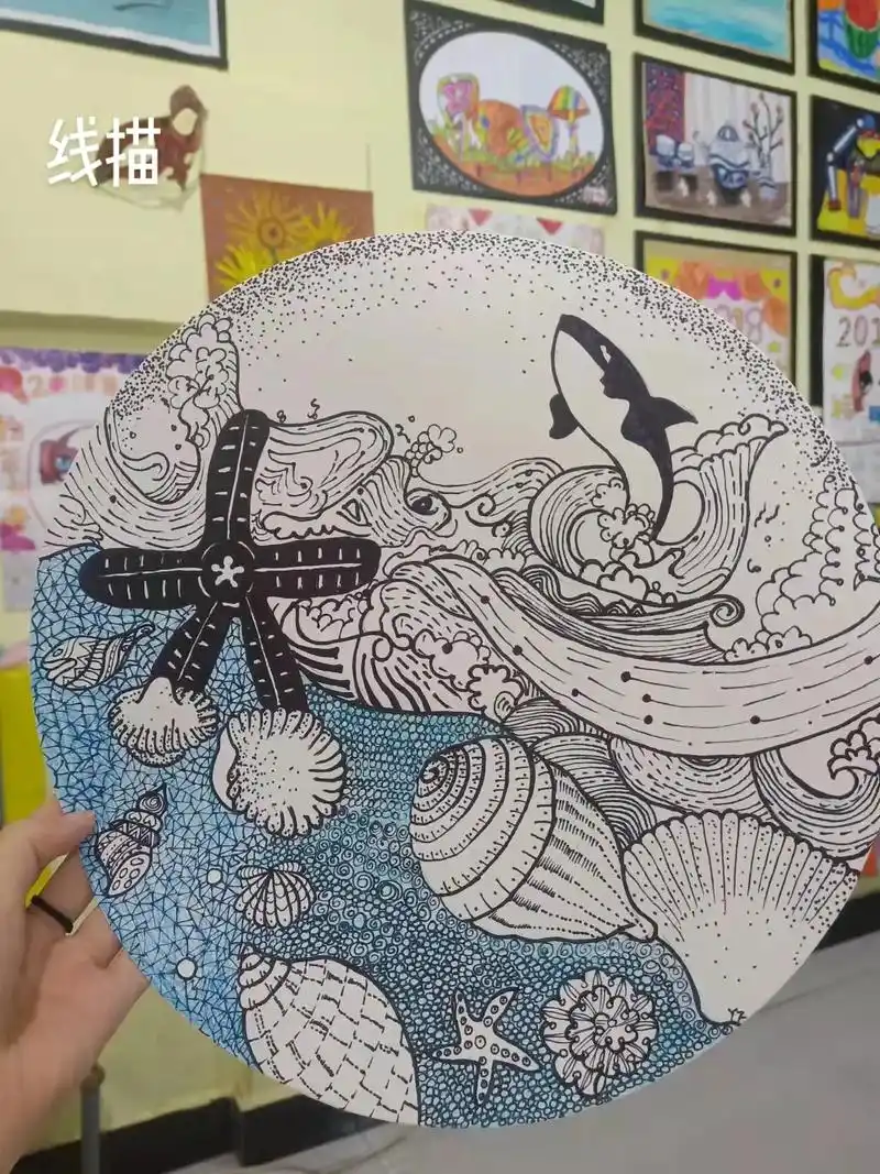 线描装饰画 #鱼#浪花#水粉风景  - 抖音