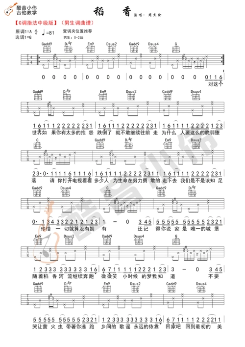 稻香吉他谱g调指法原版酷音小伟吉他教学