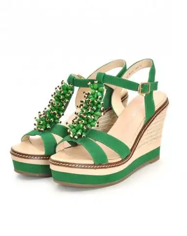绿色甜美串珠高跟凉鞋