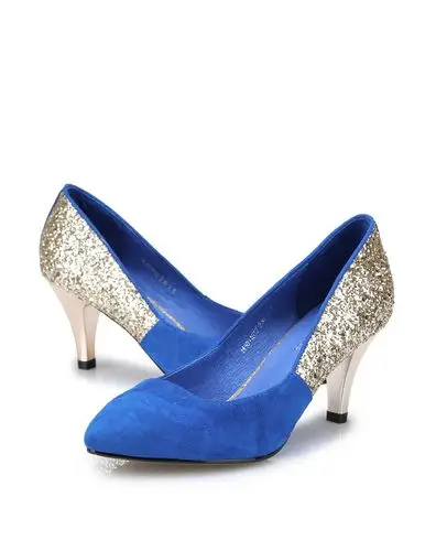蓝色羊反绒亮片高跟女单鞋