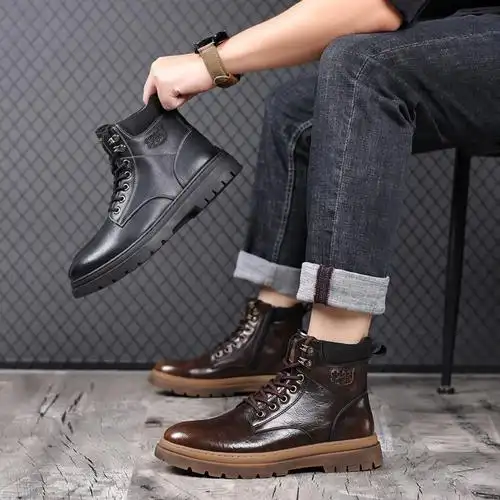 马丁靴男款真皮短靴英伦风百搭男鞋加绒保暖高帮休闲鞋工装靴男